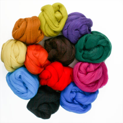 Introducing the Merino Fiber Bag by Halcyon Yarn: A vibrant array of wool roving bundles, ideal for felting, meticulously arranged in a circular pattern. This collection features an array of shades including green, blue, red, yellow, orange, purple, pink, brown, and black. The Merino fiber wool is expertly twisted and piled closely together on a pristine white background.