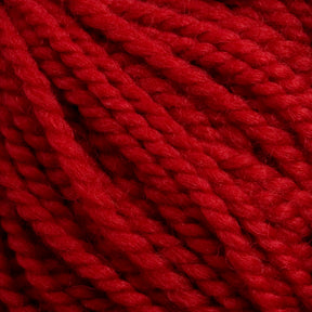 Close-up of several strands of thick, red Norumbega yarn from Caledonian Dye Works, made from 100% U.S. wool, showing their twisted texture and fibrous detail.