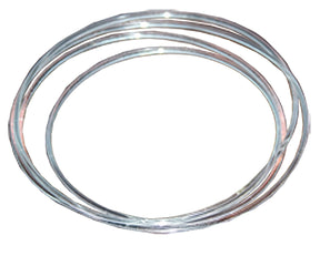 A Kromski Poly drive band from Kromski North America, featuring a coil of shiny, thin metallic wire wound in several overlapping loops with a silvery surface. This replacement wire is neatly coiled into a circular shape against a white background, making it perfect for your Kromski spinning wheel.