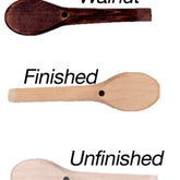 The image shows three wooden spoons, reminiscent of craftsmanship seen in a well-maintained Kromski North America spinning wheel. The top spoon is labeled "Walnut" and is dark brown. The middle spoon is labeled "Finished" and is a smooth light wood. The bottom spoon, rougher in texture, is labeled "Unfinished."

