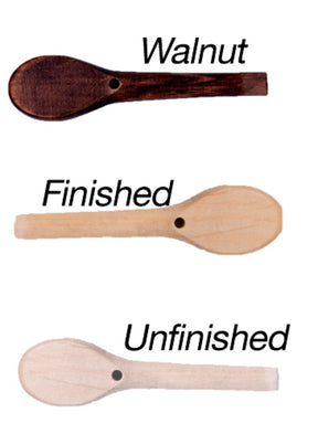 The image shows three wooden spoons, reminiscent of craftsmanship seen in a well-maintained Kromski North America spinning wheel. The top spoon is labeled "Walnut" and is dark brown. The middle spoon is labeled "Finished" and is a smooth light wood. The bottom spoon, rougher in texture, is labeled "Unfinished."

