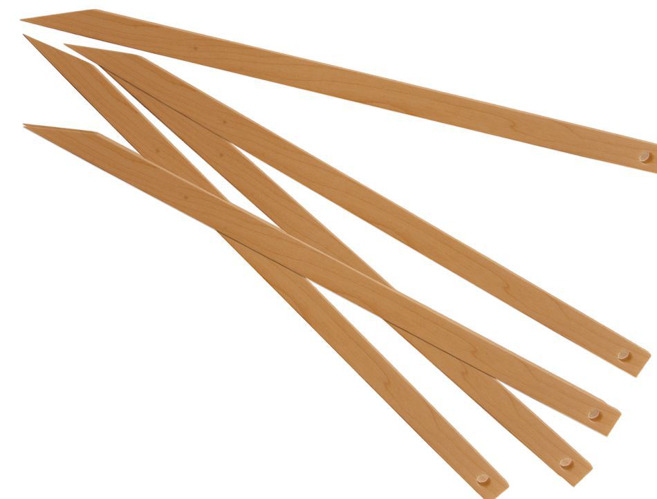 A set of six Beka 12" Wood Weaving Needles laid out on a white background. Each needle, reminiscent of oversized pick-up sticks, is pointed at one end and has a small hole near the opposite end. The needles vary in their positions, with some overlapping each other.