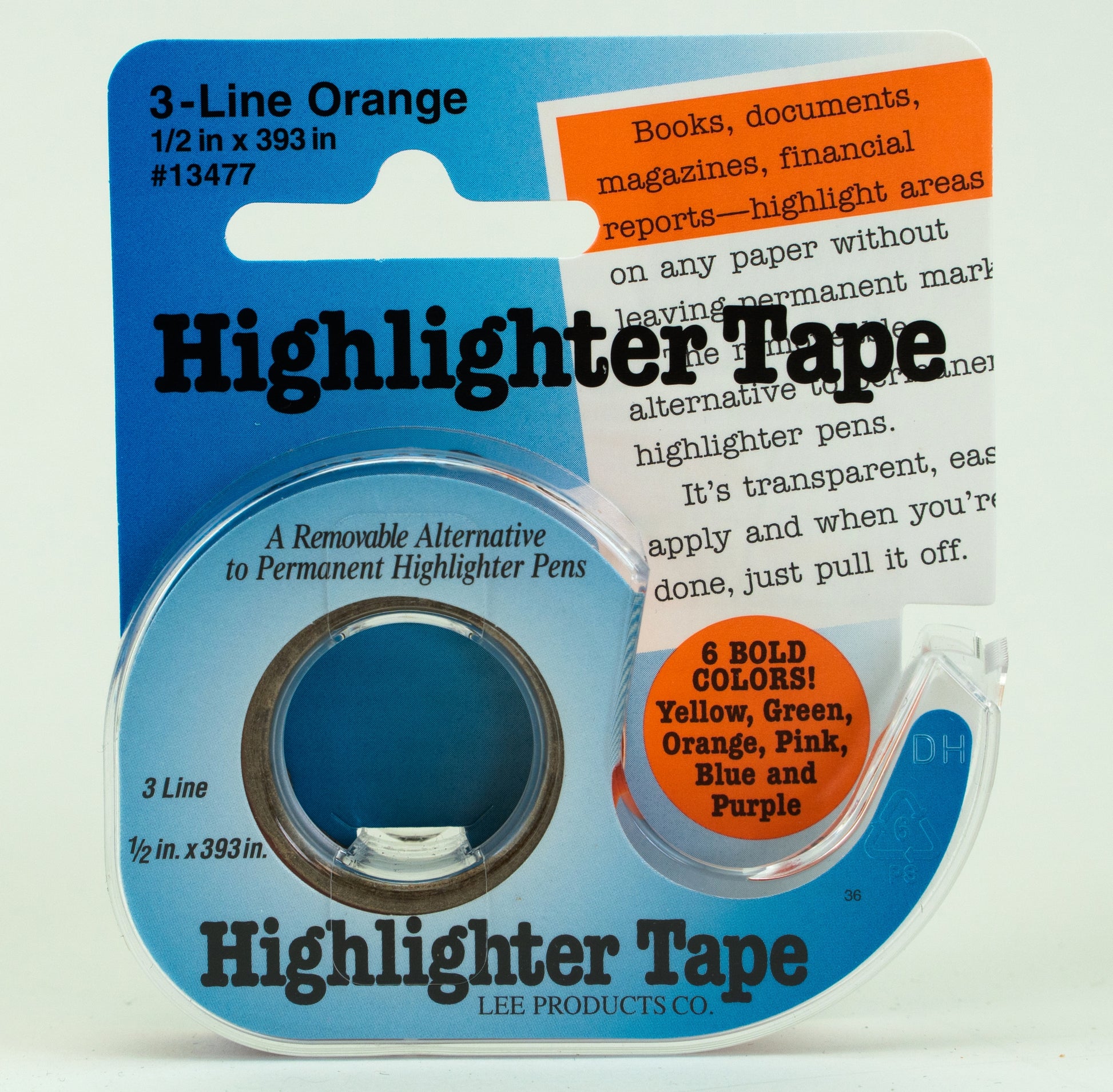 A package of Lee Products' Highlighter Tape labeled "3-Line Orange" is perfect for knitting charts and fiber projects. The package highlights features like "A Removable Alternative to Permanent Highlighter Pens" and boasts "6 BOLD COLORS!" including yellow, green, orange, pink, blue, and purple.