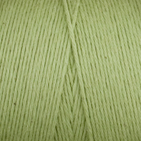 Close-up image of Maurice Brassard's Cotton 8/8 Carpet Warp in a light green hue, wound into a ball and showcasing its soft texture and fine fibers. Made from unmercerized cotton, this yarn is neatly arranged in parallel strands, creating a uniform pattern ideal for knitting and crochet. The smooth, consistent quality is highlighted beautifully.