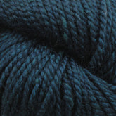 Close-up image of dark teal twisted Acadia yarn by The Fibre Co. (UK) Ltd. The texture reveals intricate strands tightly wound together, with a subtle tweed effect that highlights the soft and fibrous nature of the yarn. The deep color and detailed twists give the image a rich, tactile appearance.