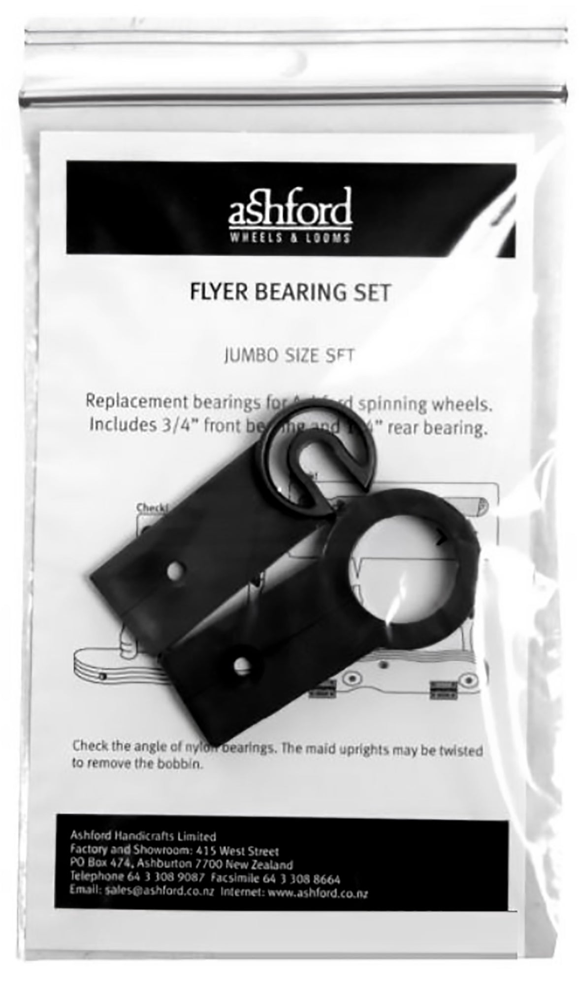 An Ashford Flyer Bearing Set for Ashford spinning wheels. The clear plastic bag contains replacement bearings and related components, with instructions visible inside the bag. The instruction sheet features the Ashford Handicrafts Limited logo and contact information.