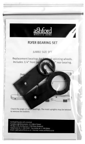 An Ashford Flyer Bearing Set for Ashford spinning wheels. The clear plastic bag contains replacement bearings and related components, with instructions visible inside the bag. The instruction sheet features the Ashford Handicrafts Limited logo and contact information.