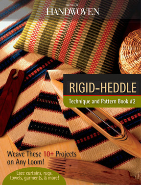 Cover of the "Best of Handwoven, Rigid-Heddle Technique & Pattern Book #2 (Printed Version)" by Long Thread Media. The image displays vibrant woven textiles and a small wooden loom. The text emphasizes that the book includes over 10 weaving projects, such as lace curtains, rugs, towels, and garments.