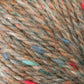 A close-up of Harrisville Designs' Peace Fleece Yarn, showcasing a vibrant mix of brown, orange, blue, green, and red colors. The soft texture of this worsted weight yarn reveals intricately intertwined fibers, forming a speckled pattern throughout.