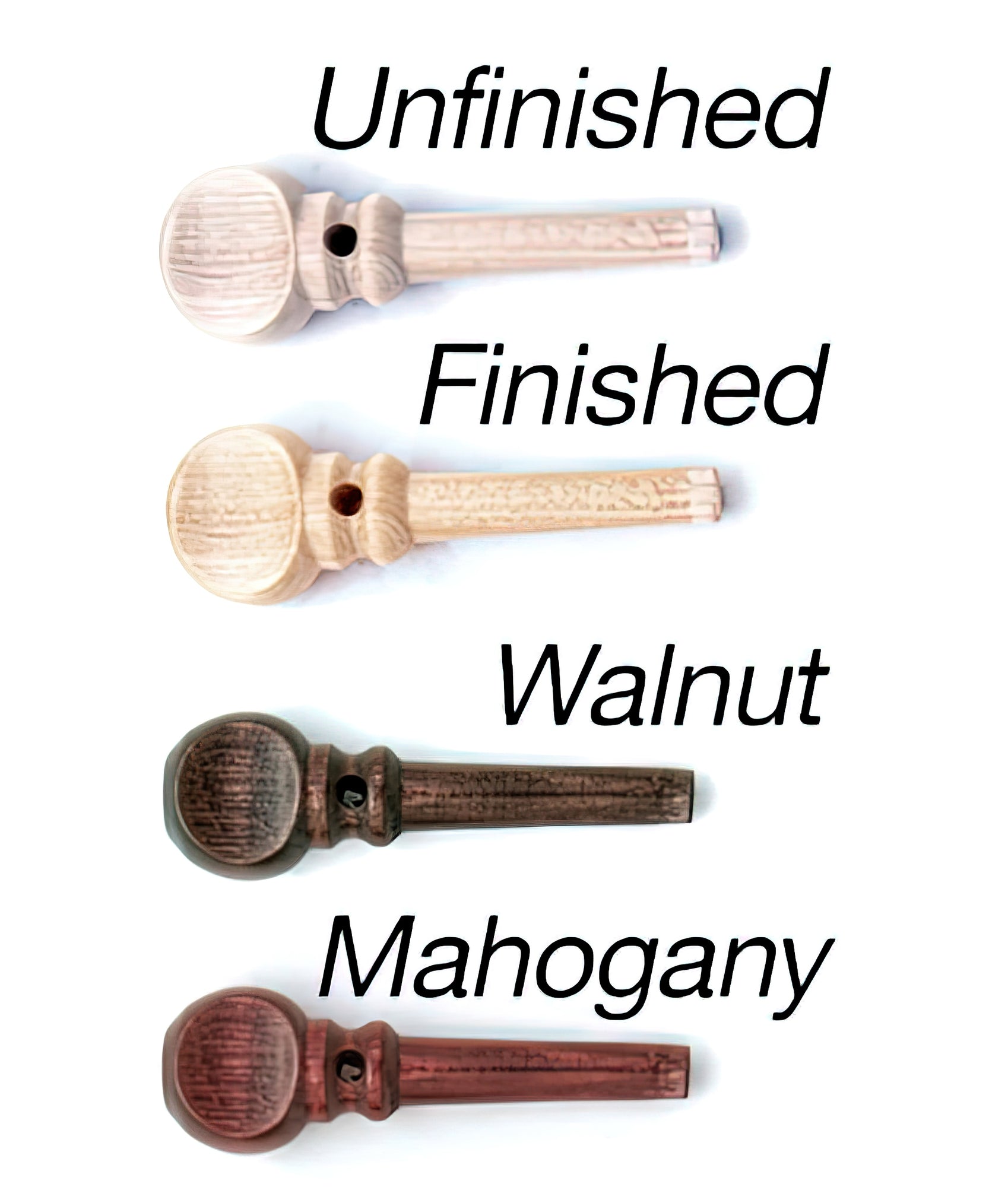 Four wooden spoons labeled from top to bottom: "Unfinished," "Finished," "Walnut," and "Mahogany." The first spoon is plain wood, the second is smoothed, the third has a dark walnut finish reminiscent of a Kromski Tension Peg from Kromski North America, and the fourth has a reddish mahogany finish.