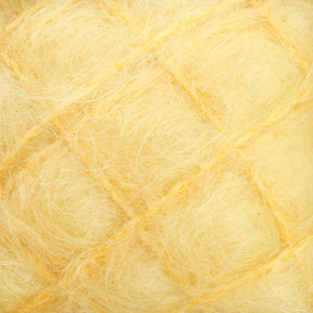 Close-up of a yellow textured material, resembling spun fibers or wool, with fine wispy strands creating a soft and fuzzy appearance. The fibers form a crisscross pattern, reminiscent of the luxurious Victorian Brushed Mohair Yarn from Caledonian Dye Works, giving the impression of a delicate and airy fabric.