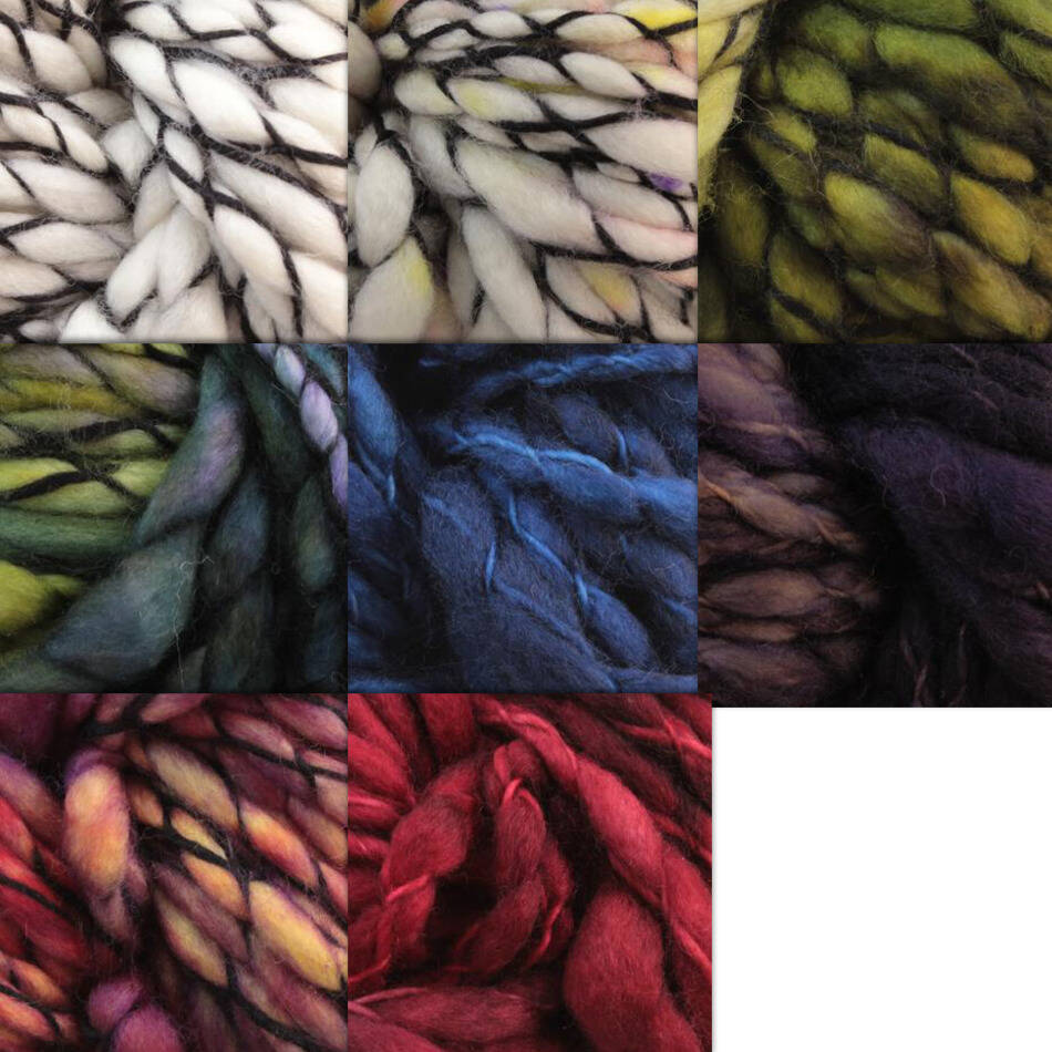 A collage of seven close-up images features Malabrigo Yarn's Caracol in a variety of stunning colors: white and black, green and black, green and purple, blue, dark blue and purple, multicolored, and red. Each super bulky yarn is thick and textured with visible twists and fibers, highlighting the exquisite beauty of kettle-dyed superwash merino wool.