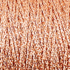 Close-up of Plymouth Yarn Co.'s Chainette Metallic Yarn on a large cone, densely packed with strands that resemble metallic yarn. The shiny, thin strands are intricately woven together like a delicate knit and crochet pattern, creating a textured design with a metallic sheen. The background and edges are out of focus, highlighting the exquisite detail of the yarn.