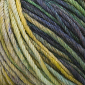 Close-up image of a multicolored yarn ball featuring shades of green, yellow, and dark blue. The yarn strands, made from Malabrigo Rios by Malabrigo Yarn, are twisted together to create a soft, textured pattern. The kettle-dyed colors indicate it is likely used for knitting or crochet projects.