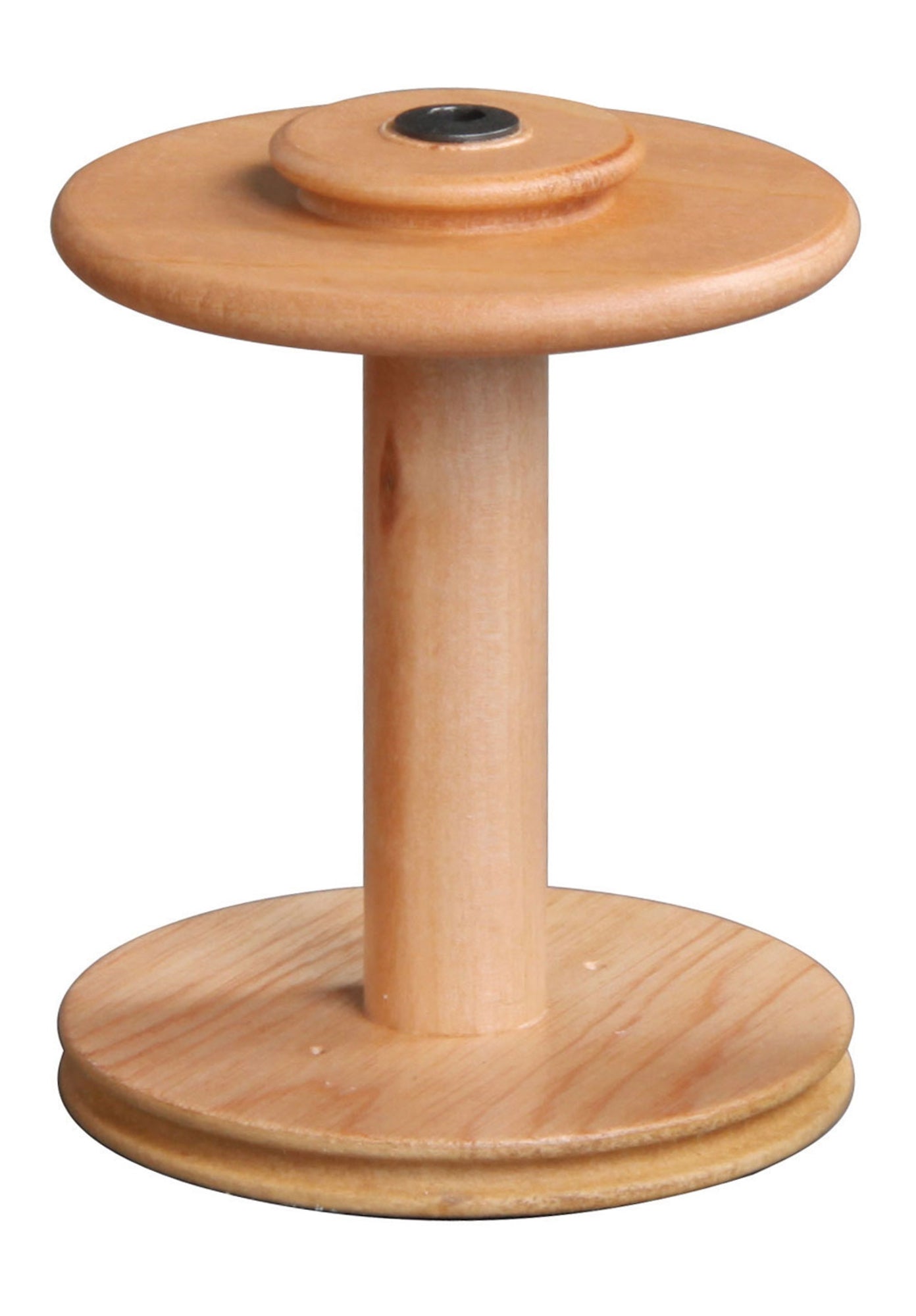 A close-up of the Ashford Sliding Hook Bobbin, crafted by Ashford Handicrafts Limited, features a wooden spool with a round top and base connected by a cylindrical shaft. Designed for holding thread or other materials, it boasts a smooth, polished surface.