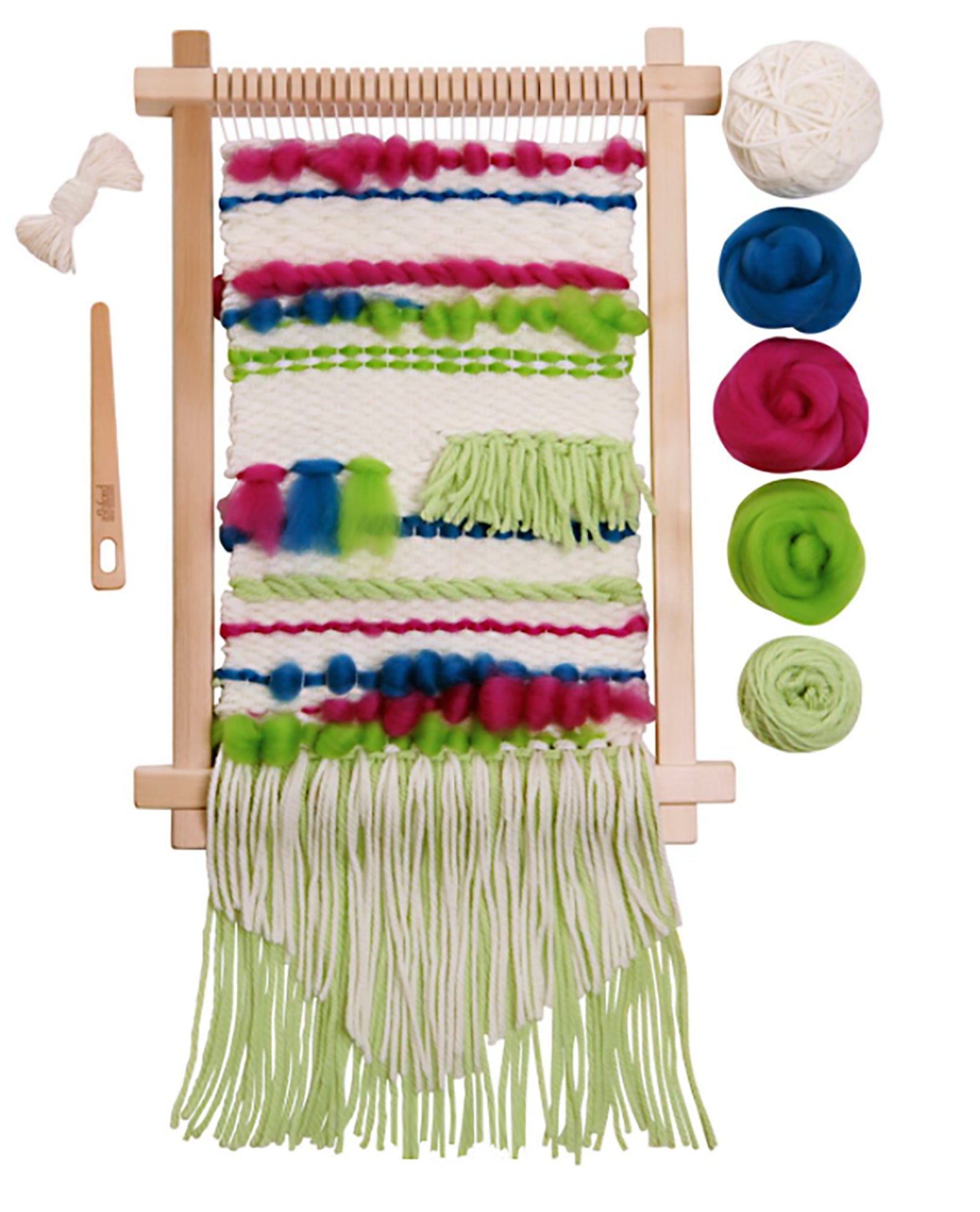 The Ashford Weaving Starter Kit from Ashford Handicrafts Limited features a wooden weaving loom with a colorful, partially woven textile made from green, blue, pink, and white yarn. This beautiful handwoven wall hanging includes different colored yarn balls and a wooden weaving tool arranged on the side. Long fringes hang gracefully from the bottom of the textile.