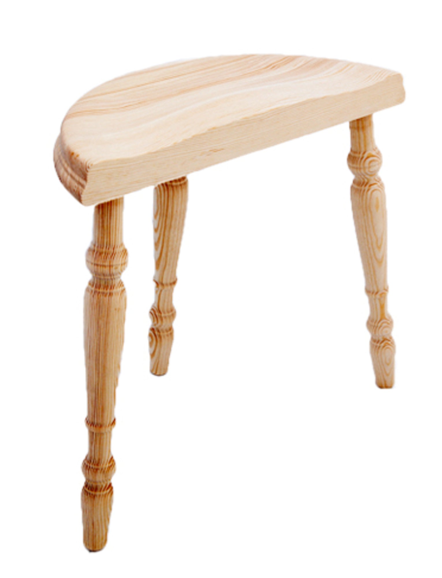 The Kromski Spinning Stool by Kromski North America is a light wooden stool featuring three legs and a half-moon-shaped seat. The legs are adorned with decorative carvings, giving it a rustic and handcrafted look. This well-crafted piece of woodworking is both simple and functional, making it suitable for seating or as a small table.