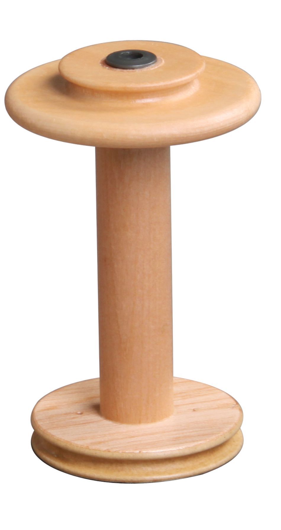 The Ashford Standard Bobbin by Ashford Handicrafts Limited is a wooden thread spool with a cylindrical body and two flat, circular ends. This light brown bobbin appears to be empty, with no thread wound around it. The top end features a slightly raised center, and the item is placed against a white background.