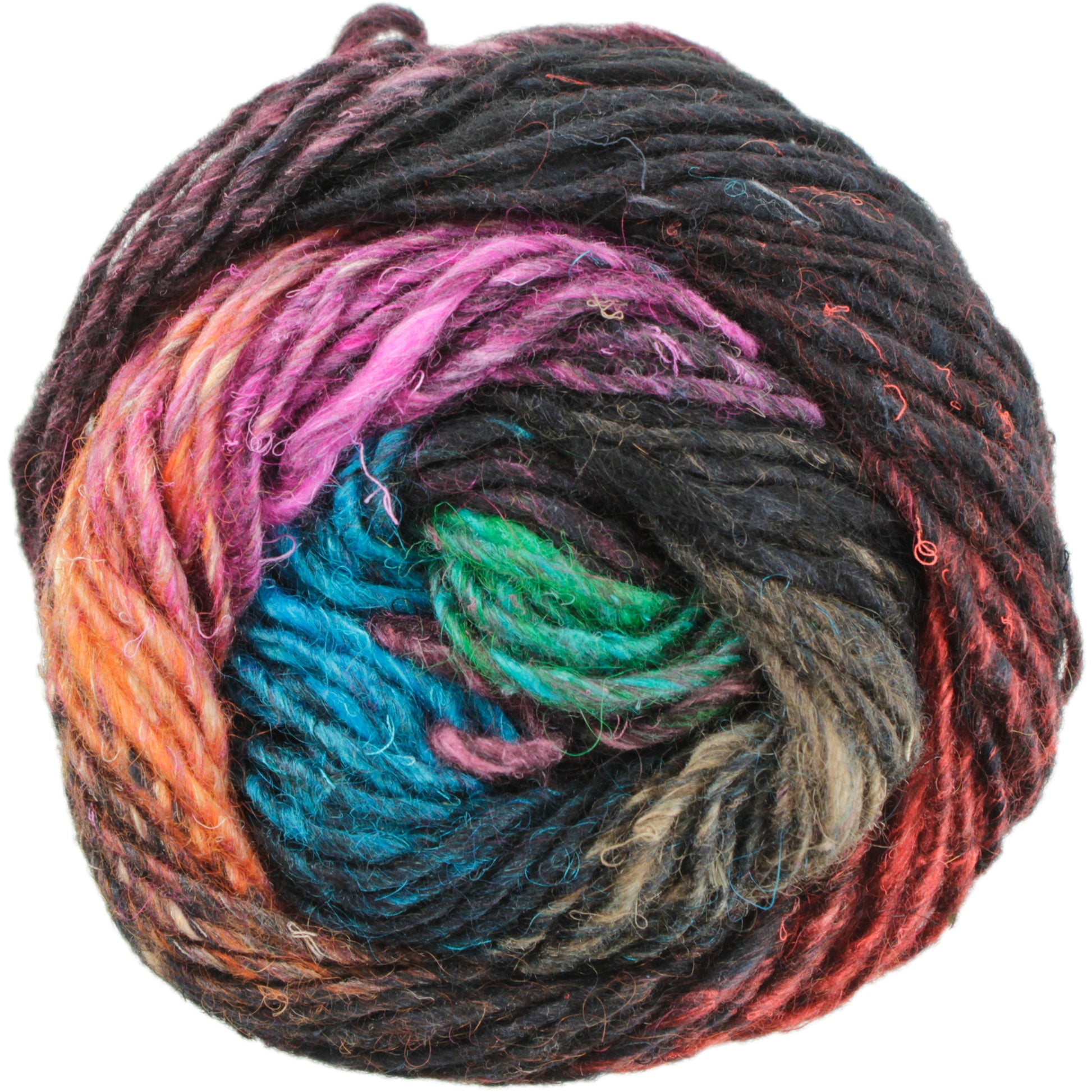 A close-up of a ball of Noro Silk Garden yarn from Knitting Fever / Euro Yarns, showcasing a variegated blend of colors including black, pink, orange, blue, green, and red. The silk/wool blend yarn has a textured, slightly fuzzy appearance.