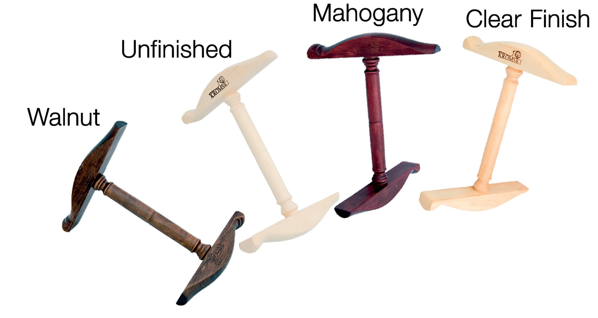 Four pegs for the Kromski Niddy Noddy from Kromski North America are displayed. From left to right, they are labeled as follows: "Walnut" (dark brown finish), "Unfinished" (natural light wood), "Mahogany" (reddish-brown finish), and "Clear Finish" (natural wood with clear coat).