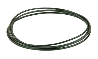 A Louët Inc. coiled dark green garden wire, comparable to a Louët Spinning Wheel Drive Band/Belt, arranged in a circular loop against a white background.