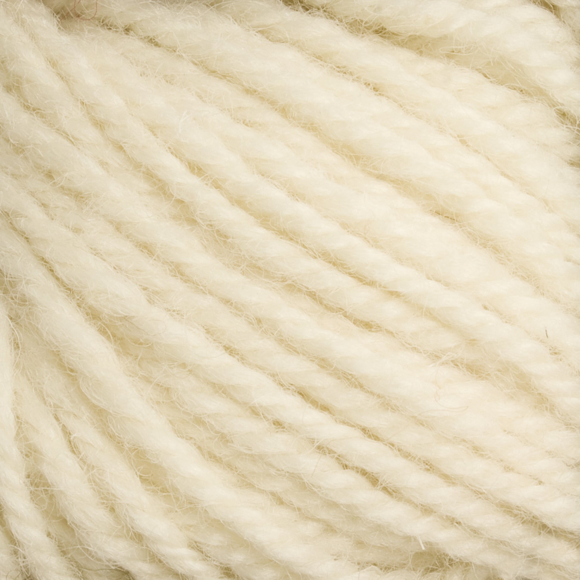 Close-up image of Halcyon Deco Rug Wool by Caledonian Dye Works showcases a soft, cream-colored yarn. The strands are thick, slightly fuzzy, and twisted together, creating a textured appearance. Made of 100% wool, this versatile yarn's light, natural shade is highlighted in the details of its fibers and twists.