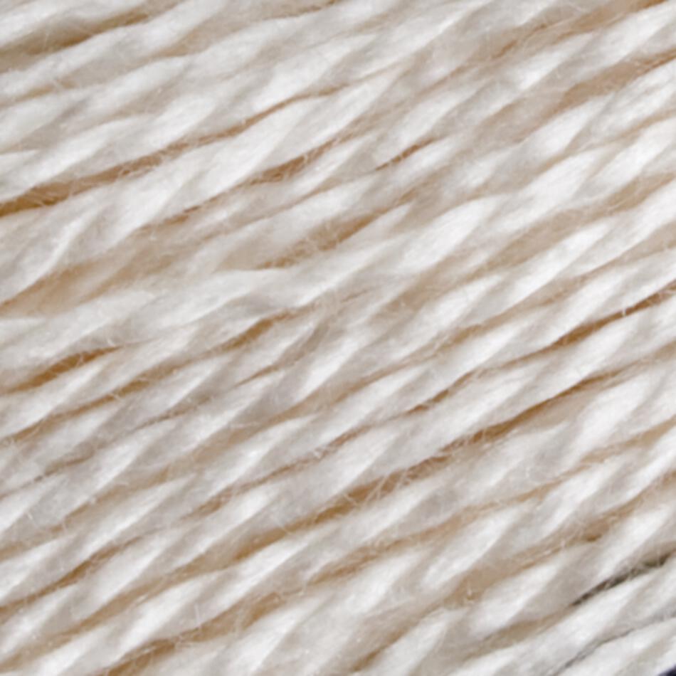 Close-up image of Henry's Attic 2/12 Natural Silk Yarn in cream, highlighting the twisted, fibrous texture of the individual strands. The silk-like yarn appears soft and slightly shiny, ideal for knitting or dyeing projects. This large cone of luxurious yarn is perfect for your creative endeavors.