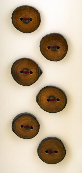 Six Buttons from Favour Valley Woodworking are arranged vertically on a light background. These round, brown buttons are crafted from local wood slices and each features two center holes with red thread stitching. The visible dark bark edges highlight their rustic charm, embodying the meticulous care of handmade craftsmanship.