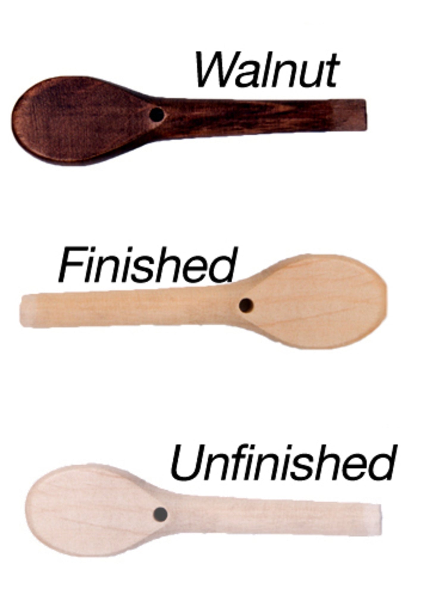 Three wooden spoon blanks are shown vertically. The top spoon, reminiscent of Kromski North America's craftsmanship, is labeled "Walnut" and is dark brown. The middle spoon is labeled "Finished" and displays a light tan color similar to the polish of a Kromski Tension Peg. The bottom spoon is labeled "Unfinished" and has a pale, natural wood color.