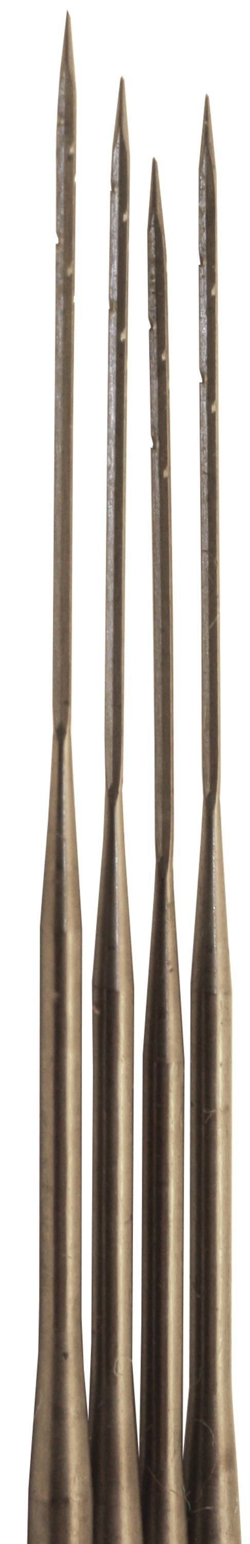 Close-up image of four thin, metallic felting needles by Between and Etc., featuring grooves and pointed tips, arranged side-by-side vertically. The surface appears smooth, with each needle slightly varied in height and shape.