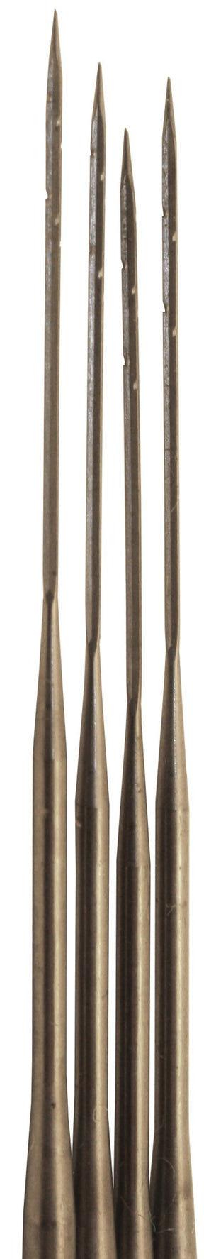 Close-up image of four thin, metallic felting needles by Between and Etc., featuring grooves and pointed tips, arranged side-by-side vertically. The surface appears smooth, with each needle slightly varied in height and shape.