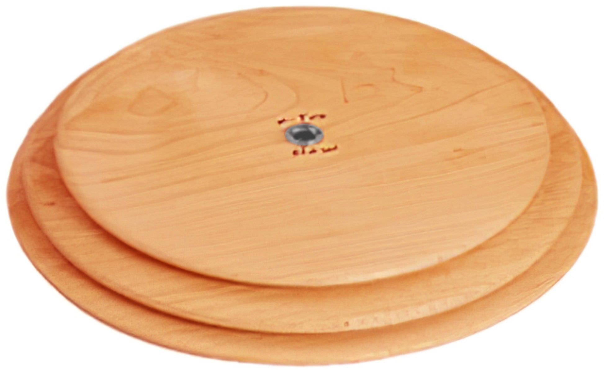 The Schacht Whorl by Schacht Spindle Co. is a wooden lazy Susan featuring a light natural finish. It comes with two concentric circular platforms and includes a small metal pivot point at the center of the upper platform, enabling it to rotate effortlessly. The bases are crafted from smooth, polished wood.