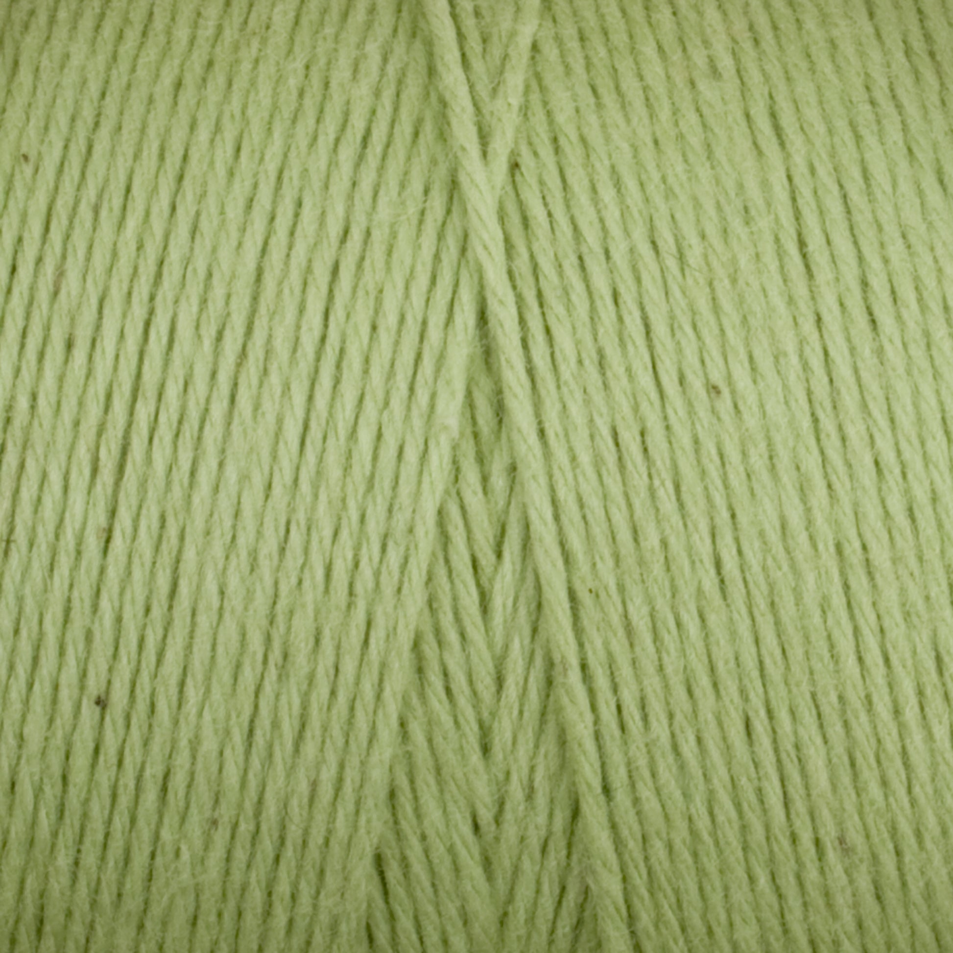 Close-up of Maurice Brassard's Medium Cotton 16/8 Mop Yarn in light green, showcasing the detailed texture and neatly wound strands. This sturdy cotton yarn boasts a soft, slightly fuzzy appearance, making it ideal for knitting or weaving projects.