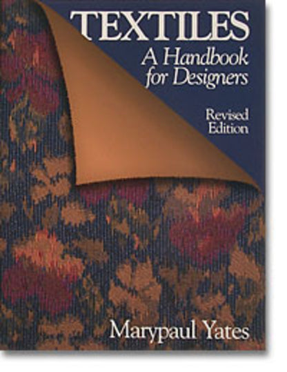 Cover of the book "Textiles: A Handbook for Designers" by WW Norton - National Book Co Inc. The background showcases a woven fabric design in shades of blue, red, and brown, with a corner folded over to reveal the title and author's name, Marypaul Yates.