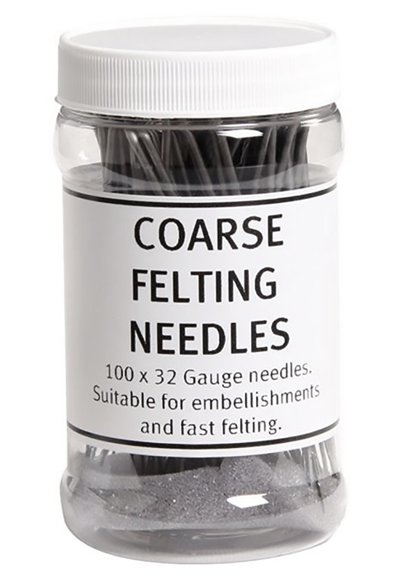 A transparent plastic jar labeled "Ashford 32 Gauge Coarse Felting Needles" from Ashford Handicrafts Limited contains coiled metal felting needles. The label states, "100 x 32 Gauge needles. Suitable for embellishments and fast felting." The jar has a white screw-on lid.