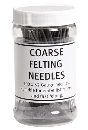 A transparent plastic jar labeled "Ashford 32 Gauge Coarse Felting Needles" from Ashford Handicrafts Limited contains coiled metal felting needles. The label states, "100 x 32 Gauge needles. Suitable for embellishments and fast felting." The jar has a white screw-on lid.