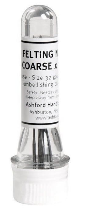 A cylindrical plastic container, with a clear top and white base, labeled "Ashford 32 Gauge Coarse Felting Needles" holds multiple metal needles inside. The label also includes safety information and the brand name, "Ashford Handicrafts Limited.