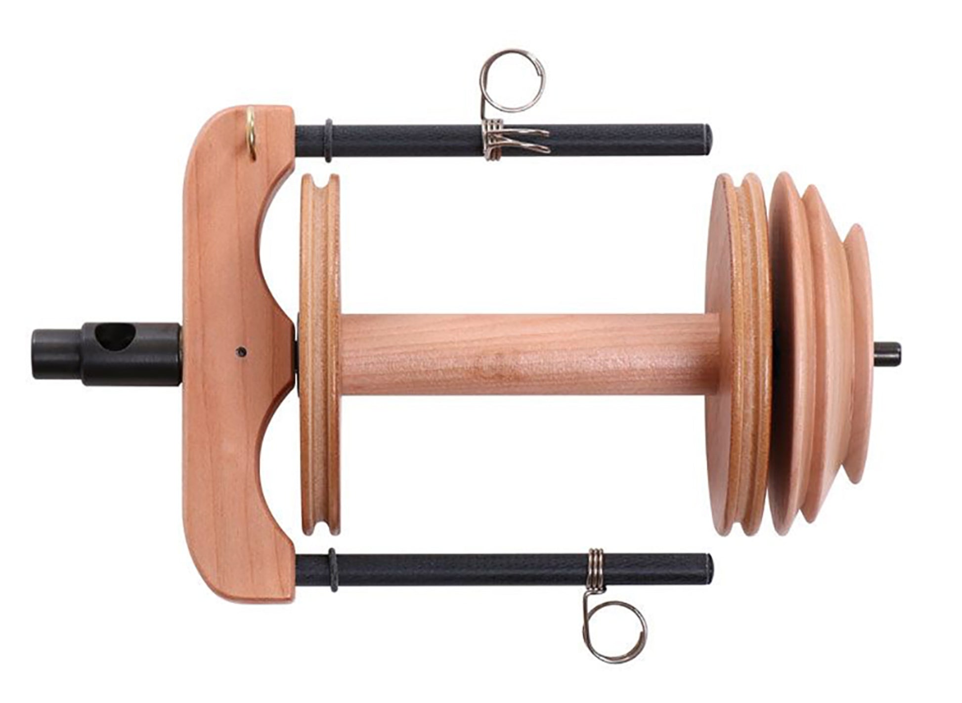 Image of the Ashford Sliding Hook Flyer for Kiwi Wheel by Ashford Handicrafts Limited. This wooden and metal flyer features two hooks and three slots for holding yarn. The wooden structure includes a central rod and three varying-sized Sliding Hook Flyer bobbins on one end.