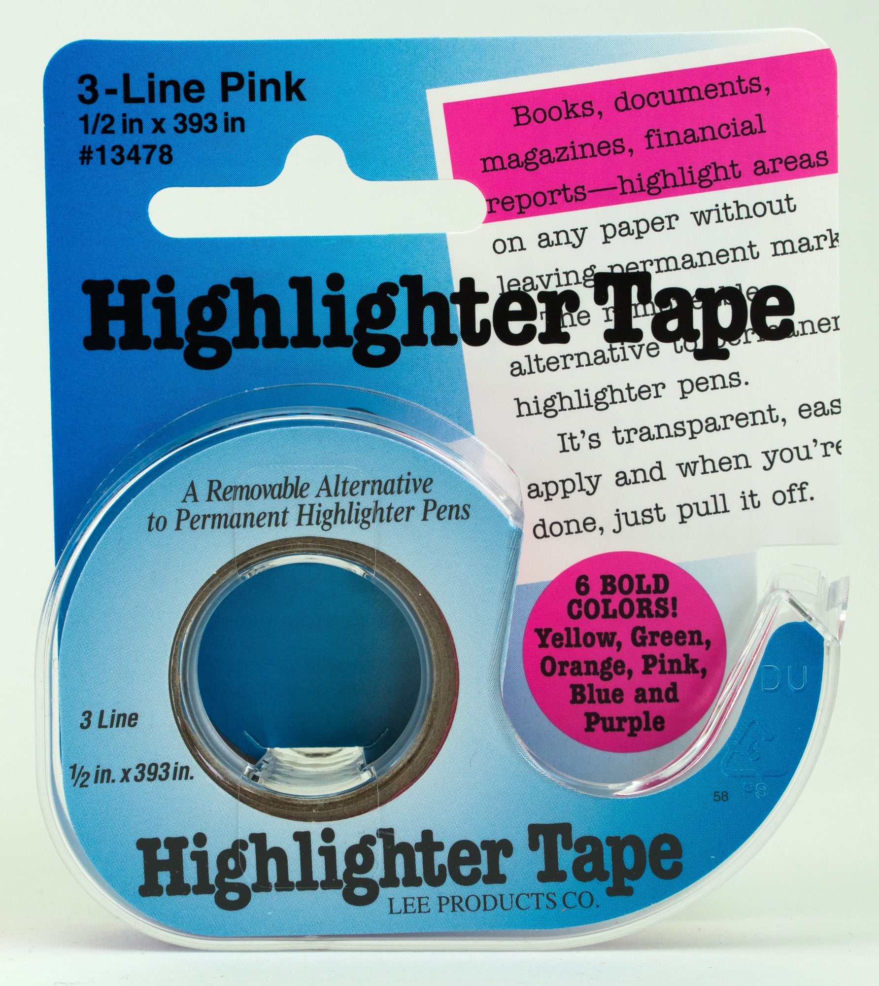 A package of "Highlighter Tape" by Lee Products. This 1/2 inch wide, 393-inch long tape is ideal for marking knitting charts and fiber projects, offering a removable alternative to permanent highlighters. It comes in a pink package and is available in six colors: yellow, green, orange, pink, blue, and purple.