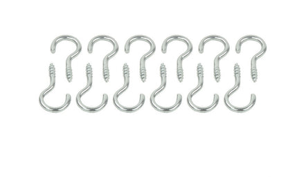 A row of ten Louët Flyer Hooks from Louët Inc., arranged vertically in a straight line. Each hook features a threaded end for attaching to surfaces and a curved open end for hanging items. The hooks are uniformly sized and neatly aligned against a white background.
