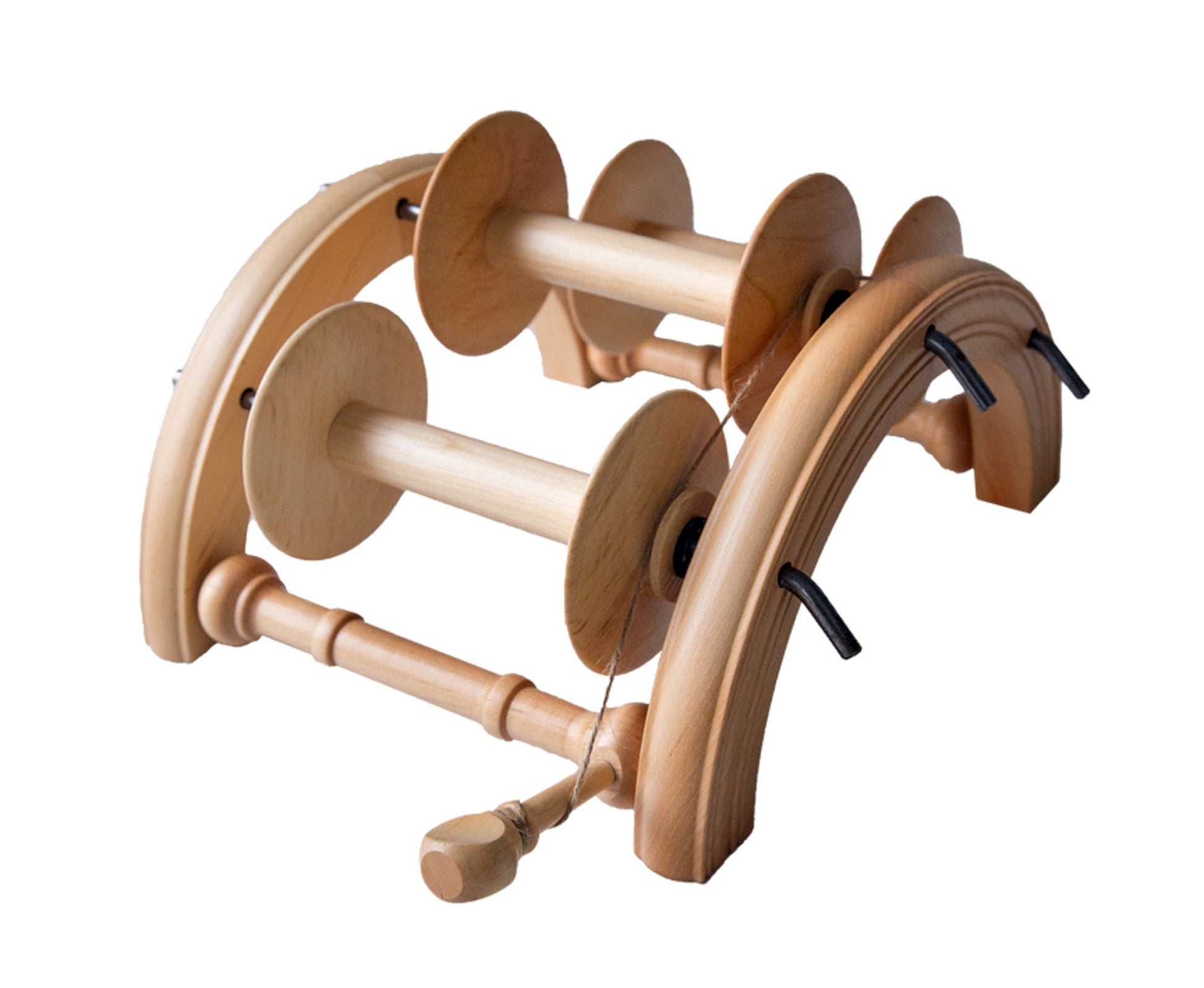 The Kromski Lazy Kate Arch from Kromski North America is a wooden yarn spinning wheel with multiple bobbins and arch-shaped supports, featuring tension control. Designed for spinning ply yarn from fibers, it includes spindles, hooks, and rods to guide and hold the yarn in place. The setup also includes the Kromski Lazy Kate accessory and is set against a white background.