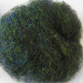 A close-up image of a dense, dark green and blue tangled ball of fibers, resembling a clump of moss or heathered colors. The intertwined Harrisville Dyed & Carded Wool Fiber by Harrisville Designs creates a textured and somewhat fuzzy appearance, standing out against the plain white background.