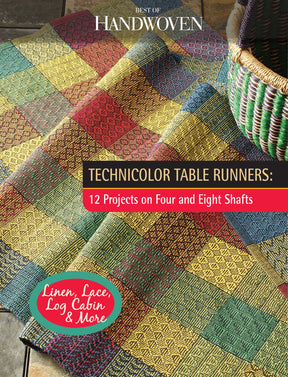 The image shows the cover of "Best of Handwoven, Technicolor Table Runners: 12 Projects on Four and Eight Shafts (Printed Version)" by Long Thread Media. It features a colorful, woven table runner with a basket on the side. The text highlights "12 Projects on Four and Eight Shafts" and "Linen, Lace, Log Cabin & More.