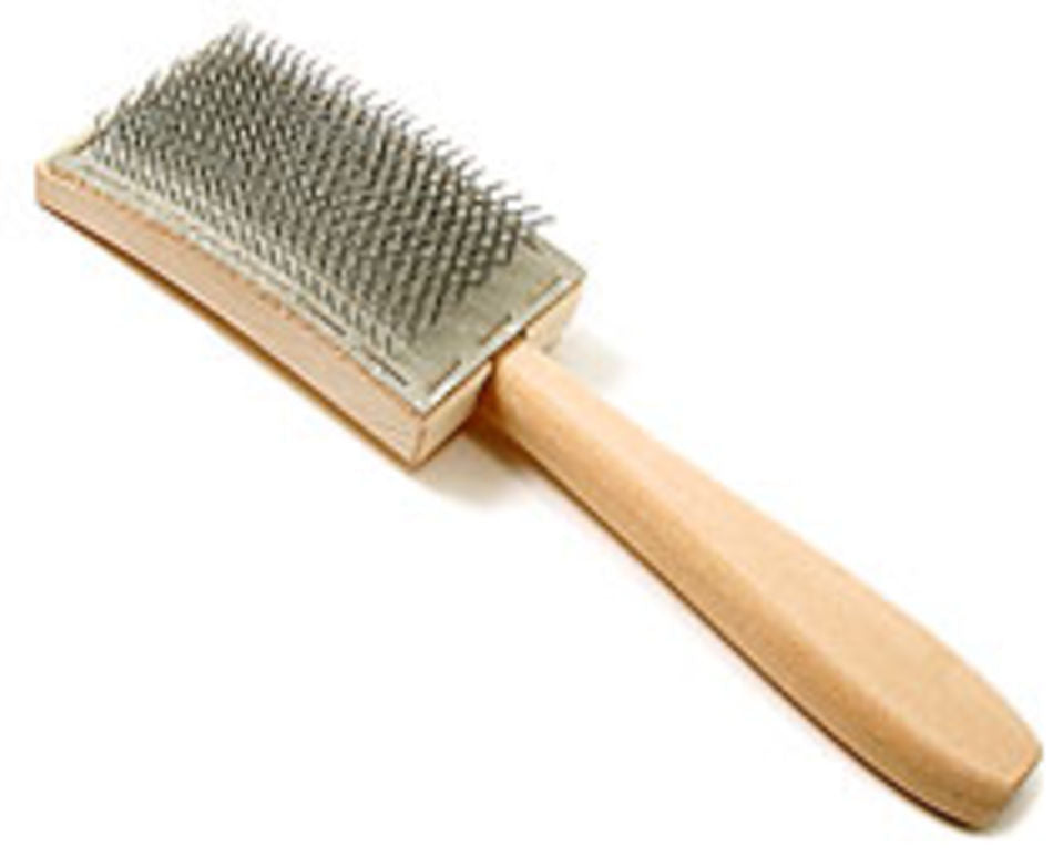 The Louët Flicker, a pet grooming brush from Louët Inc., features 72 tightly-packed metal bristles on a 2.4" x 4" (6cm x 10cm) rectangular pad. Its smooth, ergonomic wooden handle is designed to detangle and remove loose fur from your pet's coat effectively.