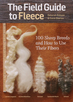 The cover of Ingram Content's "The Field Guide to Fleece" by Deborah Robson and Carol Ekarius showcases diverse samples of sheep wool from a variety of breeds, each individually labeled: Lincoln Longwool, Scottish Blackface, Gromark, Castlemilk Moorit, and Gotland, accompanied by a ruler for scale—a must-have guide for spinners regarding fiber preparation and wool applications.