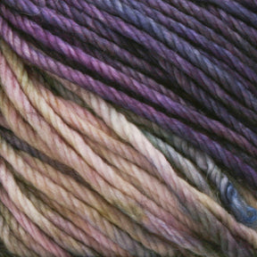 Close-up of colorful, twisted yarn strands. The yarn has a gradient pattern, blending kettle-dyed colors of purple, pink, cream, and hints of green and blue. The texture of the Malabrigo Rios yarn by Malabrigo Yarn appears soft and smooth, perfect for knitting or crocheting projects.