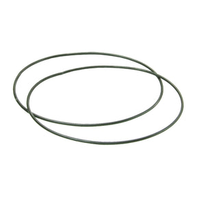 Two thin, circular hoops are laid flat on a white background, slightly overlapping each other. Resembling Louët Spinning Wheel Drive Bands/Belts by Louët Inc., the hoops appear identical in size.