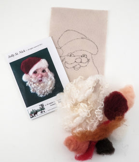 Create a Santa Claus face with the Thyme Tile Felting Kit (no tools) from A Wrinkle in Thyme Farm! This kit includes curly wool roving, various colored felt pieces, a felt sheet with an outline of Santa, and an instruction booklet titled "Jolly St. Nick" featuring an image of a completed Santa face—making it the perfect needle felting project for beginner felters.