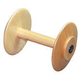 The Kromski North America Kromski Spinning Wheel Bobbin is a wooden spool featuring two flat, circular ends connected by a cylindrical rod. The light brown bobbin includes a black circular component on one end and is displayed against a white background in the image.