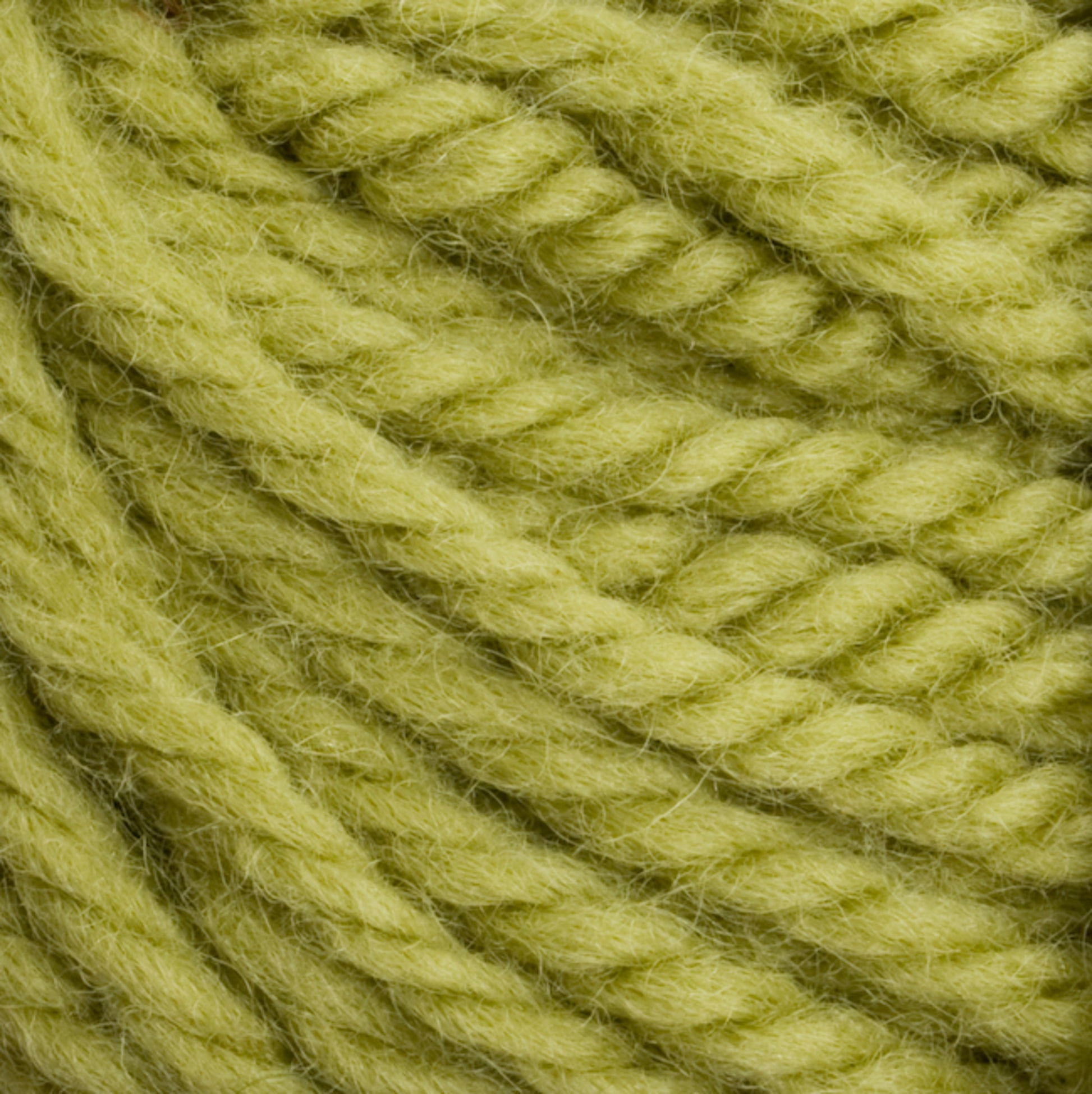 Close-up image of Halcyon Yarn Classic Rug Wool | Skein in a light green shade, twisted together to showcase the intricate texture and fibers. Crafted by Caledonian Dye Works, this high-quality yarn appears soft and thick, making it perfect for knitting or crocheting projects. Ideal for weavers aiming to create intricate patterns.